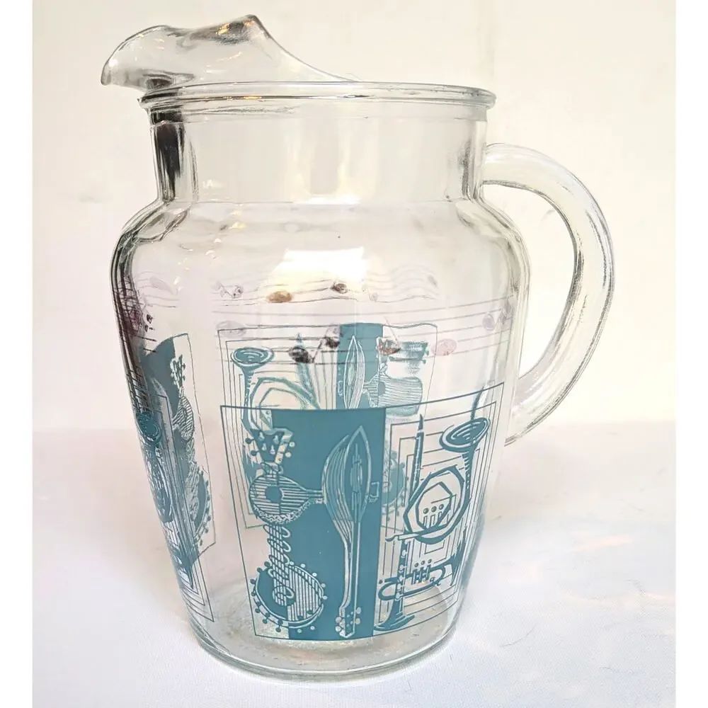 RARE Vintage MCM Glass Pitcher w/ Aqua & Gold Musical Instruments & Notes